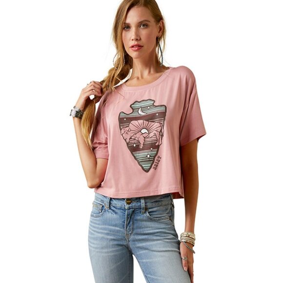 ARIAT Pink Buffalo Rising Boxy Arrowhead Graphic Print Oversized T-Shirt Size XS - Picture 1 of 7